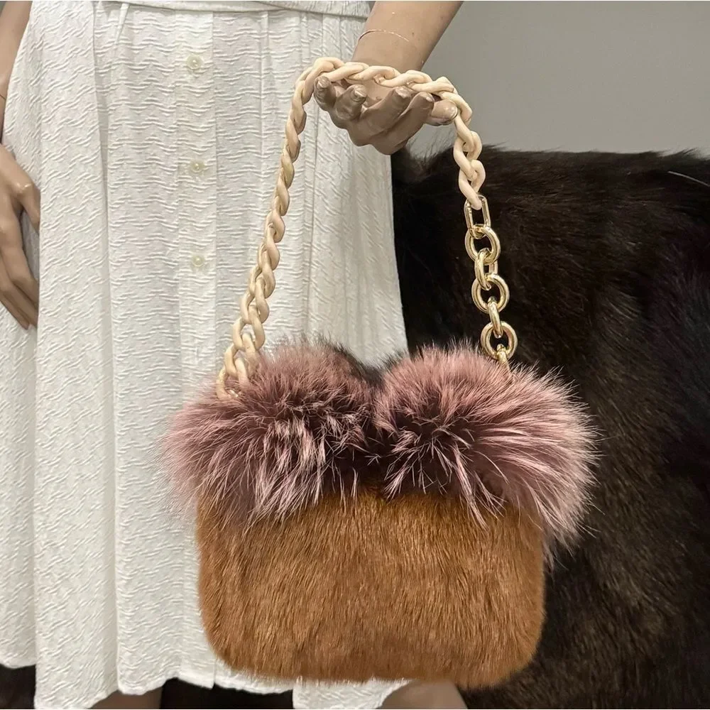 Handmade Real Mink Fur with Finn Raccoon Fur Foldover Flap Bag & 2 Strap Styles